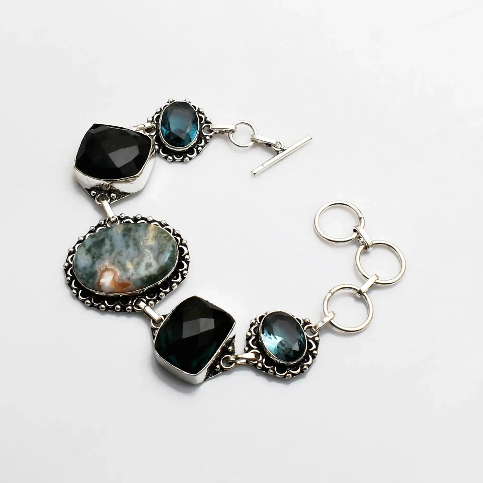 Pulsera étnica hecha a mano de piedras preciosas topacio azul ágata musgo 29 gms AB 25462 Foto 1 de 1