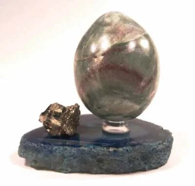 3 Lovely Stones - Pyrite Nugget,  Blue Agate Slice,  Rainbow Onyx Egg - LB - Image 1 of 4