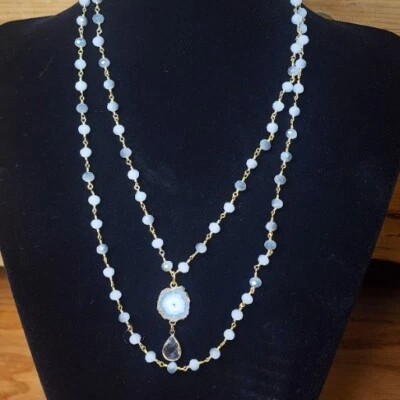 Whitley V Long Layered Necklace 24” White Bead Gold Tone Agate Slice Pendant - Image 1 of 4