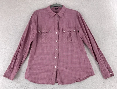 Theory 纽扣衬衫女式大号红色格子长袖 100% 棉休闲 — 第 1/4 张图片