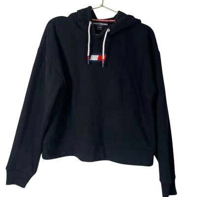 Tommy Hilfiger Sudadera con Capucha Recortada Negro Suéter Cortar Cuerda WP261 Foto 1 de 4