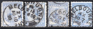 1886 Series VIC Victoria QV 6d Blue Stamp Duty Used MELBOURNE CDS x 4  REF: VD08 - Picture 1 of 1