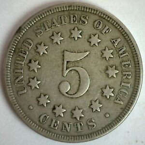 1867 Shield Five Cents 5c US Coin No Rays Variety YG Circulated Philadelphia 