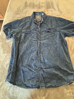 MBX 牛仔服男式 XL 修身短袖衬衫夏威夷绿叶印花休闲 — 第 1/4 张图片