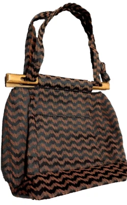 Boho ZIG ZAG Bag Black Cloth BAG Purse Wood Handles Vintage Victorian Style - Image 1 of 4