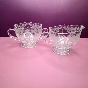 VTG New Martinsville Glass Sugar Creamer Etched Flower Basket Wing Handles EUC - Picture 1 of 10
