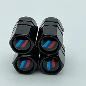 BMW 3 Stripe Sport Black Hexagon Tire Valve Stem Caps Dust Cover Set Of 4 - Picture 1 of 4