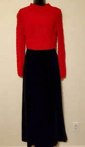 Vintage 70s Red knit Black Velvet Maxi Hostess Dress Gothic Victorian Modest XS - Picture 1 of 10