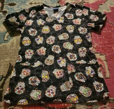 Womens XS Zoe & Chloe black sugar skull Halloween scrub top shirt uniform - Image 1 of 4
