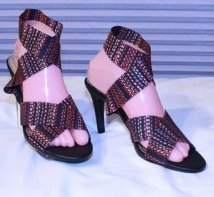 Impo Stretch Size 8.5M Black Orange Pink TETRIS Elastic Ankle Strap Heel Sandals - Picture 1 of 14