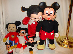 Lot of 7 1960's Vintage Mickey and Mouse Walker , Stuffed, Vinyl Faces Toys