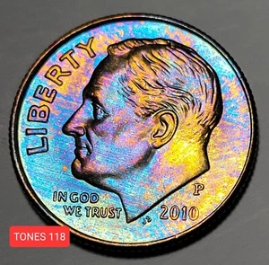2010-P UNC MONSTER TONED ROOSEVELT DIME GORGEOUS COLORS TONES118 - Picture 1 of 2