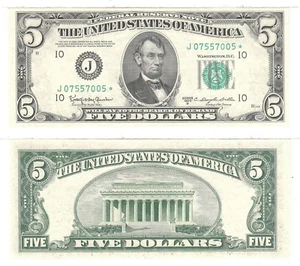 1950 D $5 Kansas City District Federal Reserve Star Note Fr 1965-J* Unc. #005 - Picture 1 of 3