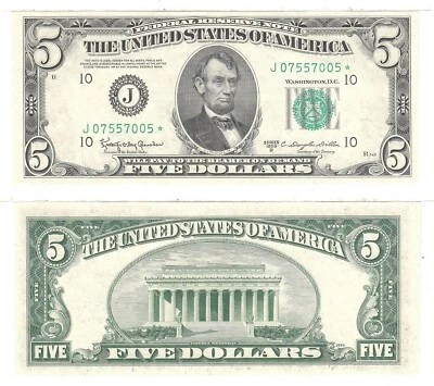 1950 D $5 Kansas City District Federal Reserve Star Note Fr 1965-J* Unc. #005 - Image 1 of 3