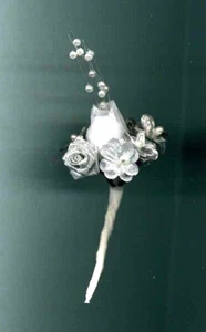 BRIDE DOLL BOUQUET - WHITE ROSEBUD W/ PEARL CASCADE & SILVER FLOWERS - Picture 1 of 2