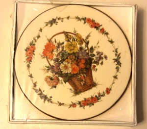 *NEW* Set of 6 English Life Flower Basket 4.5" Cork Back Coasters in Orig. Wrap - Picture 1 of 2