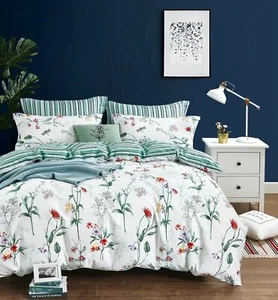 Floral & Green Stripe Bed Set:1 Duvet Cover 2 Pillow Shams Full/Queen/King/Cal K - Picture 1 of 1