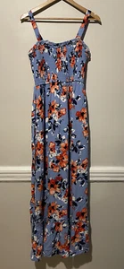 Band of Gypsies Blue Floral Maxi Smocked Sleeveless Pocket Belted Dress Sz M - Picture 1 of 12