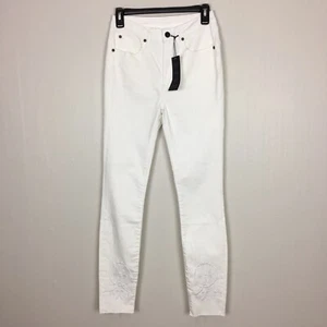 Pantalones de mezclilla HALE AG para mujer 27 piper esculpidos tiro alto ajustados blancos bordados dobladillo crudo - Imagen 1 de 12
