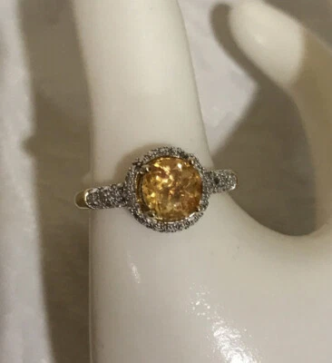 925 STERLING SILVER ROUND CUT SOLITAIRE ORANGE TOPAZ CRYSTAL HALO RING SZ 9 - Изображение 1 из 4