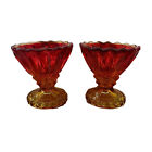 Compote Amberina Glass Stemmed Smooth Wavy Diamond Candle Holder Red Orange X2