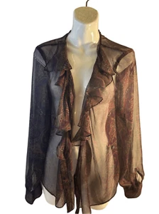 Lauren Ralph Lauren green label sheer top 2 buttons paisley flowers size 6 ruffl - Picture 1 of 9