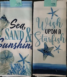 Seaside Beach Dish Towels Seashells with Slogans 15”x25” 2/Pk - Picture 1 of 3