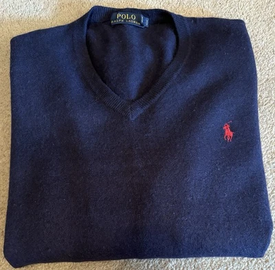 Men’s Ralph Lauren Polo Jumper 100% Merino Wool Navy Size Large - Image 1 of 4