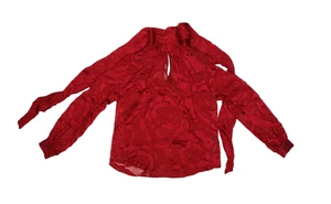 White House Black Market Blouse Womens Size 2 Red Burnout Silk Long Sleeve Tie - Picture 1 of 13