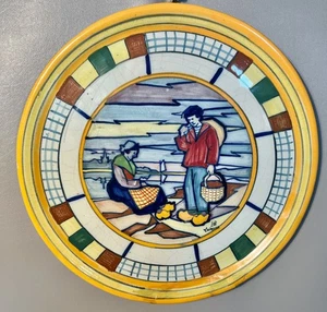 HB Quimper Folk Art Charger Plate French Farmhouse Bretonnes 1860s Early Repair - Picture 1 of 6