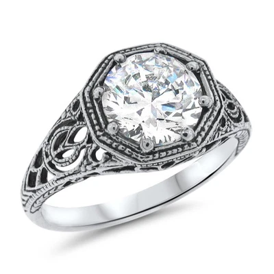 WEDDING ENGAGEMENT 925 STERLING SILVER ART DECO STYLE CZ FILIGREE RING     1146X - Image 1 of 3
