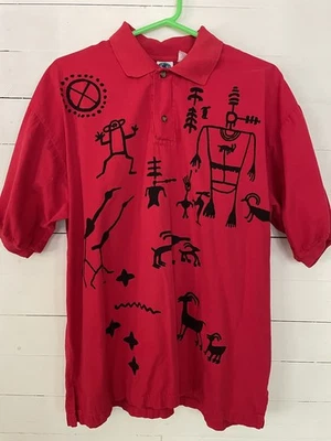 Vtg 90s WEK Short Sleeve Polo Shirt Sz S/M RED Tribal Southwestern Native Boho  - Image 1 of 3