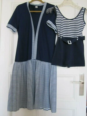 1920 BADEANZUG Outfit MIDI KLEID blau weiß Strand VINTAGE B Boheme Yacht MARITIM - Bild 1 von 4