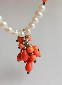 QVC pearls & salmon pink coarl - cluster beads necklace 925 Sterling Silver VGC! - Picture 1 of 8