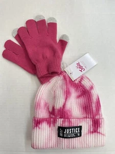 New! Justice Girls Tie-Dye Beanie Hat & Tech Gloves Pink Color One Size - Picture 1 of 6