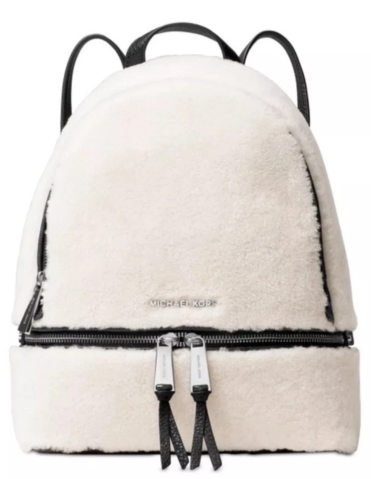 Michael Kors Rhea Backpack Zip Medium Signature Black Shearling Fur Trim