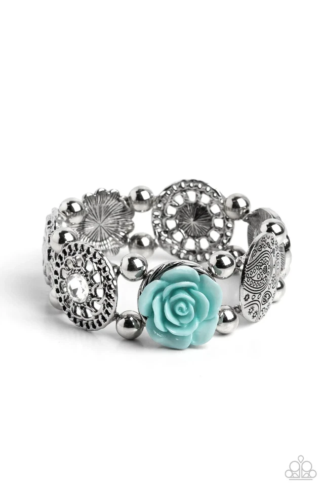 Paparazzi Optimistic Oasis - Blue Resin Rose - White Gems Stretchy Bracelet NIP - Image 1 of 1