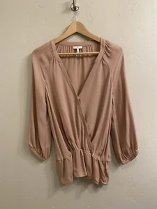 Joie Lourve Women’s Size Medium Mauve Wrap 100% Silk Peplum Surplice Neck Blouse - Picture 1 of 16