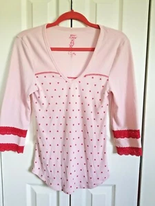 Betsey Johnson Intimates Small Pink with Lace Trim PJ Top with Red Hearts - Picture 1 of 6