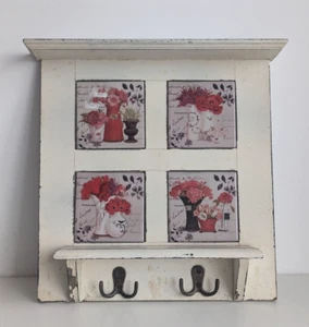 Wooden Wall Shelf With Hooks Four Floral Tile Decoration White Red - Picture 1 of 7