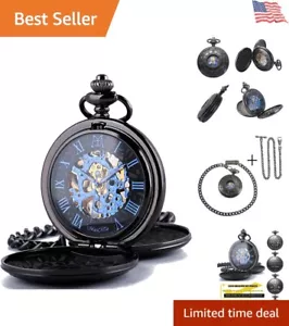 Elegant Mechanical Skeleton Pocket Watch with Roman Numerals & Chains, 47mm D... - Picture 1 of 9