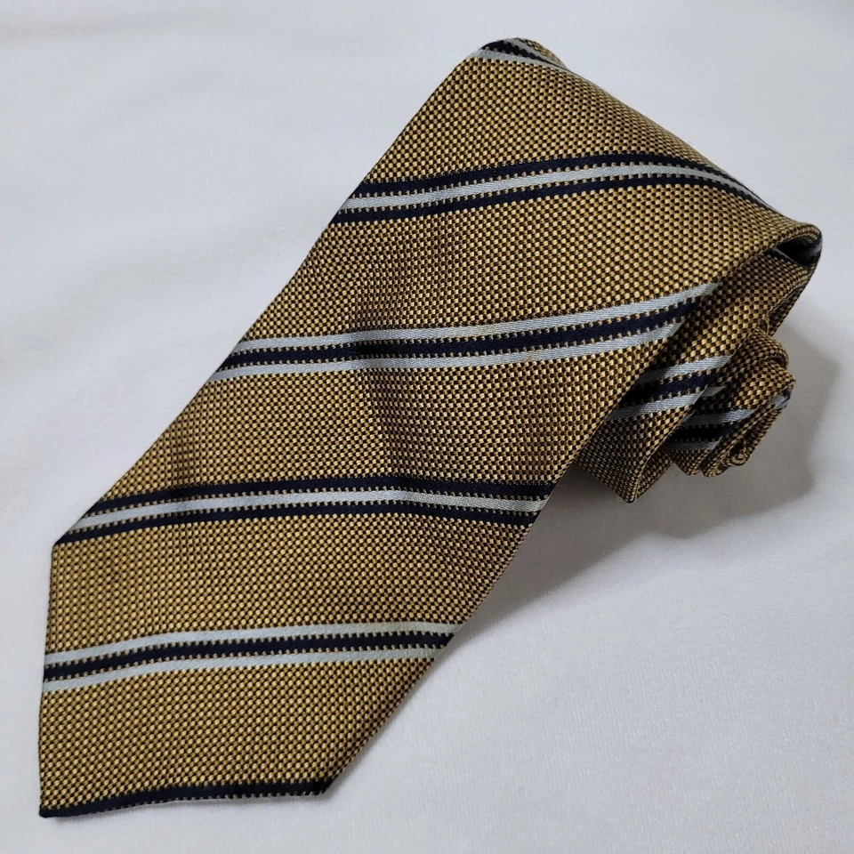 Enzo Bella 男式领带金色海军蓝灰色条纹 100% 真丝意大利制造 Rep — 第 1/4 张图片