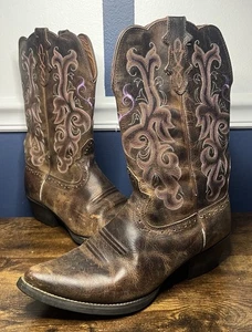 Justin Women's Embroidered Brown & Purple Leather Boots Size 10B Cowgirl L2562 - Picture 1 of 9