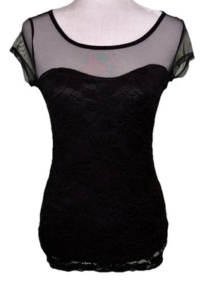 Top ajustado Forever 21 para mujer negro de encaje malla transparente romántico gótico oscuro elegante pequeño Foto 1 de 4