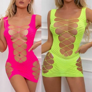Women Fishnet Hollow Out See-through Mesh Sleeveless Babydoll Mini Short Dress - Picture 1 of 14