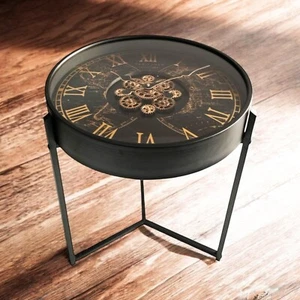 Gear Clock Coffee Table Black & Gold 55cm Roman Numeral Moving Cogs Stunning - Picture 1 of 6