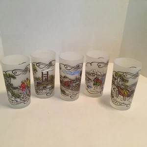 Set Of 5 Vintage Currier and Ives Frosted Scenic Drinking Glasses 5 1/8" Tall - Picture 1 of 6