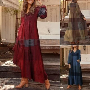 UK Womens Ladies Casual Loose Long Sleeve Maxi V Neck Check Party Kaftan Dress - Picture 1 of 15