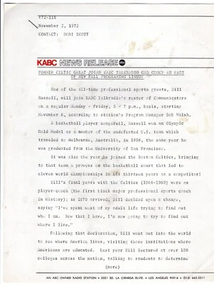 Comunicado de prensa 1972: El ex Boston Celtics Bill Russell se une a KABC Talkradio Foto 1 de 2