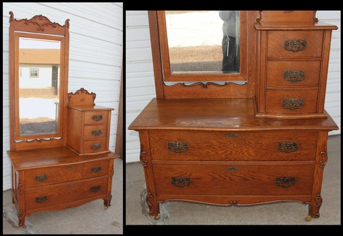 Antique Oak Gentlemans Dresser Bachelor's Chest w Tilt Beveled Mirror & Carvings Cover